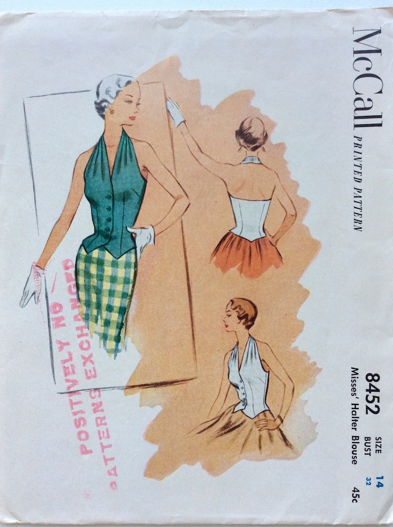 Vintage ca 1951 McCall 8452 Women\u2019s Halter Blouse sewing pattern-Size 14 Bust 32\u201d-Cut and complete