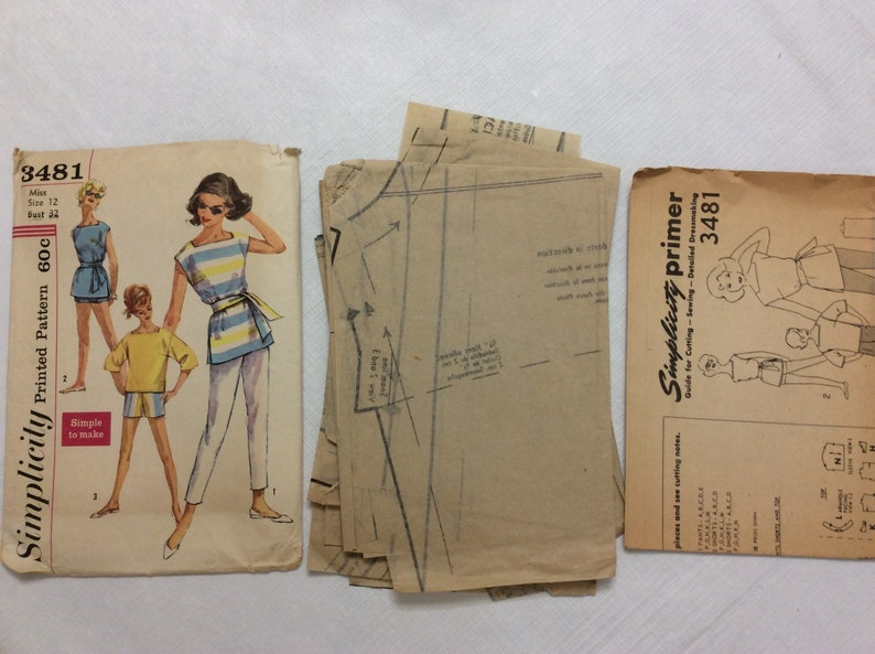 read description Shorts /& Pants sewing pattern-Bust 32\u201d-Incomplete Vintage ca 1960 Simplicity 3481 Women\u2019s Tunic Top in 2 Lengths