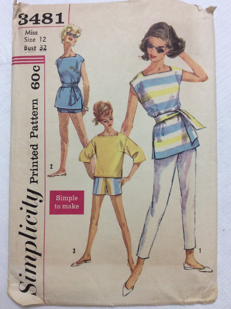 read description Shorts /& Pants sewing pattern-Bust 32\u201d-Incomplete Vintage ca 1960 Simplicity 3481 Women\u2019s Tunic Top in 2 Lengths