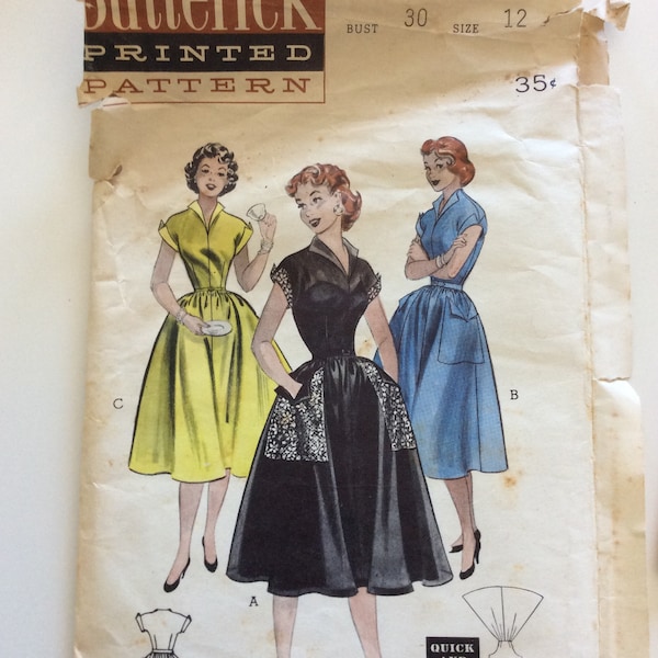 Vintage ca. 1954 Butterick 6820 Women’s Quick & Easy Teenage Casual Dress sewing pattern-Size 12 Bust 30”-Mostly cut, complete