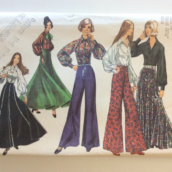 Vintage ca. 1972 Simplicity 5310 Women’s Blouse, Skirt & Bell Bottom Pants sewing pattern-Size 12 Bust 34”-FF