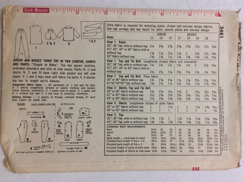 read description Shorts /& Pants sewing pattern-Bust 32\u201d-Incomplete Vintage ca 1960 Simplicity 3481 Women\u2019s Tunic Top in 2 Lengths