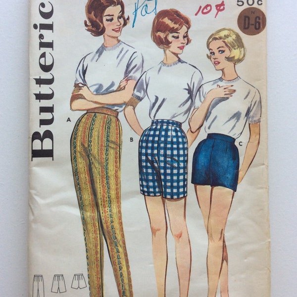 Vintage ca. 1960 Butterick 9779 Women’s Proportioned Pants,Jamaica Shorts & Shorts sewing pattern-Waist 26”-Partially cut and complete