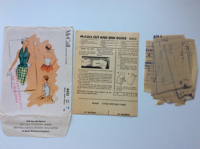 Vintage ca 1951 McCall 8452 Women\u2019s Halter Blouse sewing pattern-Size 14 Bust 32\u201d-Cut and complete