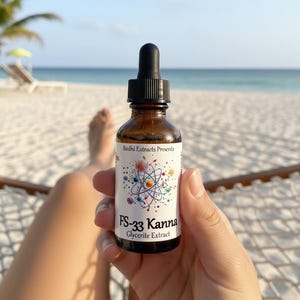 May include: A brown glass bottle with a black dropper, held in a hand. The label reads "Bodhi Extracts Presents" and "FS-33 Kanna Glycerite Extract" with a colorful atom design. The background shows a beach and ocean.