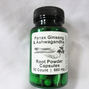 May include: A green glass bottle with a black lid containing green capsules. The label reads "Panax Ginseng & Ashwagandha Root Powder Capsules 50 Count | 660 mg".