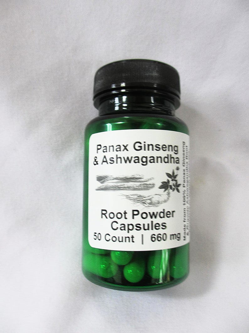 May include: A green glass bottle with a black lid containing green capsules. The label reads "Panax Ginseng & Ashwagandha Root Powder Capsules 50 Count | 660 mg".