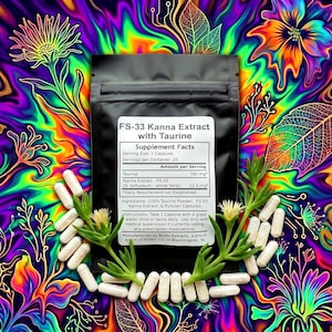 May include: A black pouch labeled FS-33 Kanna Extract with Taurine containing supplement facts, surrounded by white capsules and green succulent sprigs. The label lists 780 mg of Taurine and 12.5 mg of Kanna Extract per serving of one capsule.