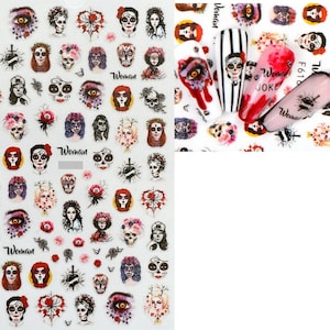 Stickers femme Halloween Nail Art Rose crânes de fleurs Festival de la mort en sucre Clown Jour mort Joker Poker Stickers auto-adhésifs FSeries