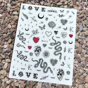 Black Snake Tattoo Nail Art Stickers White Black Snake Red Hearts Moon Wing Dragonfly Love Self Adhesive Nail Art Decals WGSeries