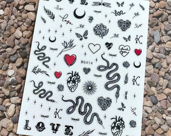 Pegatinas para uñas con diseño de serpiente negra, serpiente blanca, negra, corazones rojos, alas de luna, libélula, amor, calcomanías autoadhesivas para uñas WGSeries
