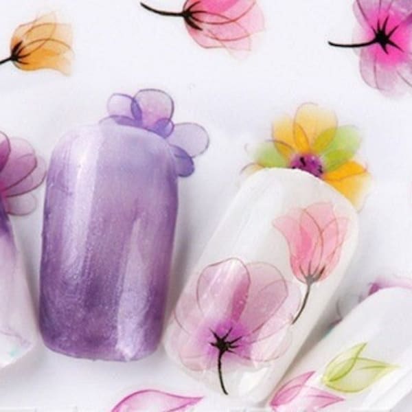 Flowers Translucent Watercolor Nail Art Stickers Translucent Flower Rose Daisy Lily Self Adhesive Nail Art Decals FSeries
