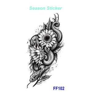 Black Snake Flower Sunflower Rose Body Waist Arm Temporary Tattoos FFSeries