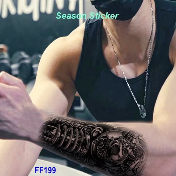 Robotic Arm Mechanical Arm Metal Spring Black Tribal Arm Tattoo Lettering Words Skull Body Arm Temporary Tattoo Design FFSeries