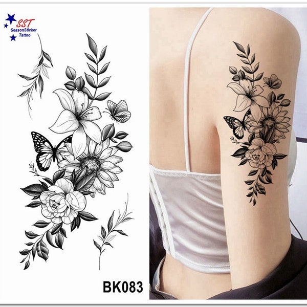 Fleurs papillon tatouages corps croissant de lune Rose marguerite tournesol feuille Branches taille du corps bras cou tatouages d'art temporaires BKSeries