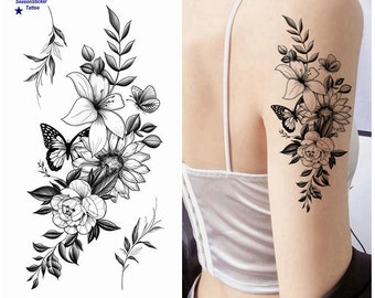 Butterfly Flowers Body Tattoos Crescent Moon Rose Daisy Sunflower Leaf Branches Body Waist Arm Neck Temporary Art Tattoos BKSeries