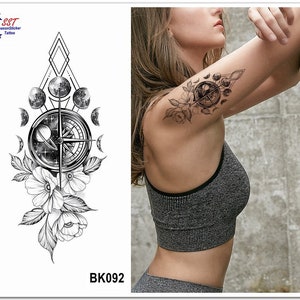 Lunar Phase Galaxy Compass Flowers Body Tattoos Crescent Moon Rose Daisy Sunflower Leaf Body Waist Arm Neck Temporary Art Tattoos BSK4