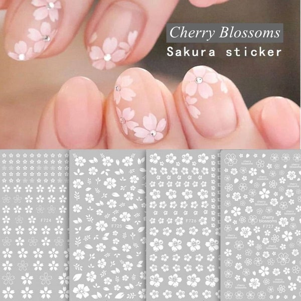 Cherry Blossoms Sakura Nail Art Stickers Spring White Flower Outline Self Adhesive Nail Art Decals FSeries