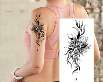 Boceto de tatuaje temporal de flor de luna creciente con diseño floral XMQB