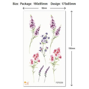 Puede incluir: Hoja de tatuajes temporales con dise&ntilde;os florales en acuarela. La hoja incluye varias flores moradas y rosas con tallos verdes. El tama&ntilde;o del paquete es de 190x95mm, el tama&ntilde;o del dise&ntilde;o es de 175x85mm. El c&oacute;digo de producto es FSF6359.