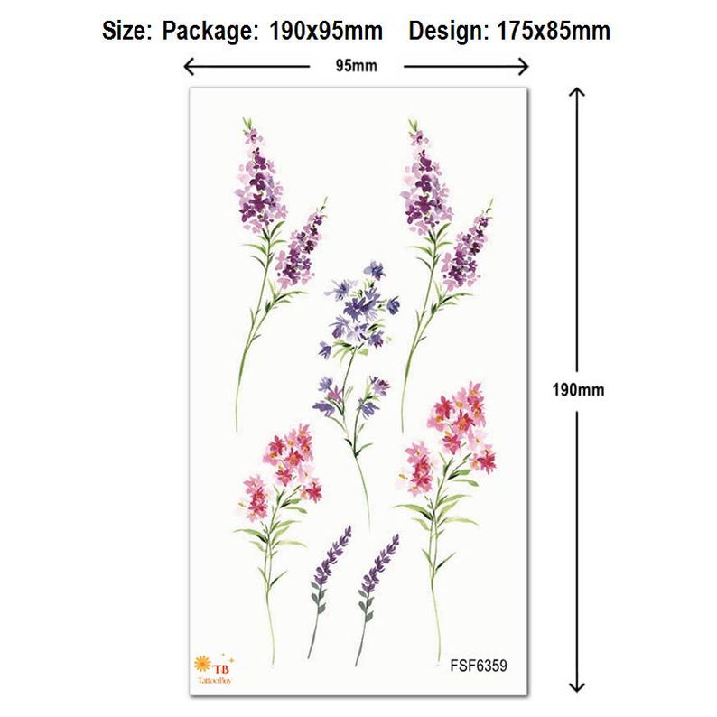 Puede incluir: Hoja de tatuajes temporales con dise&ntilde;os florales en acuarela. La hoja incluye varias flores moradas y rosas con tallos verdes. El tama&ntilde;o del paquete es de 190x95mm, el tama&ntilde;o del dise&ntilde;o es de 175x85mm. El c&oacute;digo de producto es FSF6359.