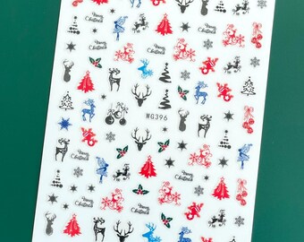 Rot Blau Rentier Weihnachtsbaum Nail Art Aufkleber Weihnachtsmann Ball Ornamente Kranz Schneeflocke Schlitten Schneemann Selbstklebender Nagelaufkleber WGSeries