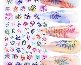 Pegatinas para uñas con hojas moradas en acuarela, estilo baboo multicolor, con diseño de hojas de sauce y otoño. Adhesivos autoadhesivos para uñas de la serie F.