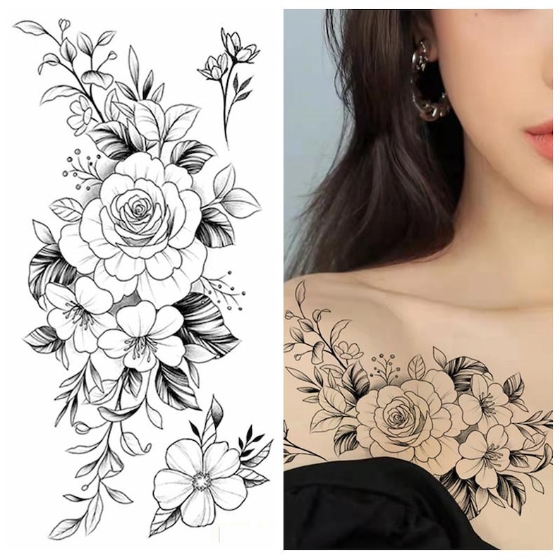Black Peony Flower Temporary Tattoos Crescent Moon Periwinkle Daisy Sunflower Hand Drawn Sketch Flower Leaf Body Waist Arm Leg Tattoos BSK4 BK001