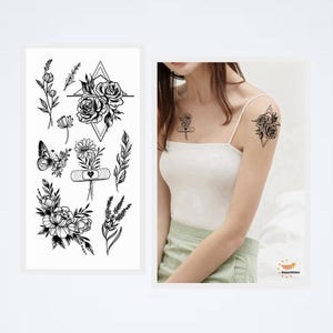 Tatuagens corporais de pequenos ramos de flores, ramos de folhas, esboços pretos desenhados à mão, flores, folhas, cintura, braço, perna, tatuagens temporárias BSK4