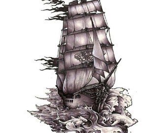 Tatuaje temporal de barco pirata, pez koi y flor de loto, para cintura, brazo, resistente al agua, TLHB