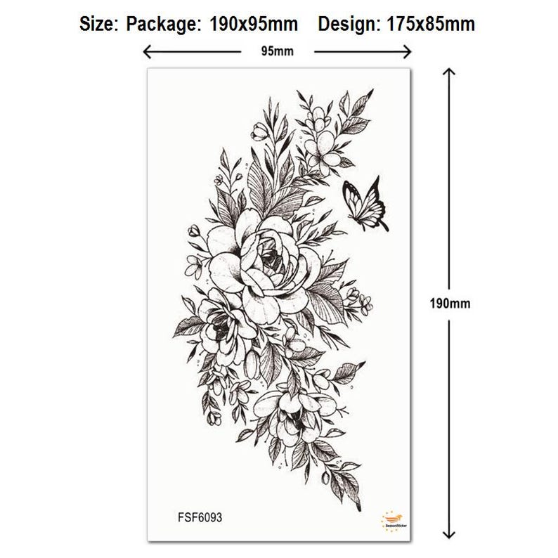 Sunflower Flowers Hand Drawing Temporary Tattoos Flower Rose Peony Butterfly Moon Black Sketch Floral Design Body Waist Arm Leg Tattoos FSF6 FSF6093
