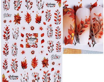 Red Orange Leaves Nail Art Stickers Small Fall Leaf Oak Acorn September Clock Umbrella Blue Bird Autumn Self Adhesive Nail Art Decal FSeries