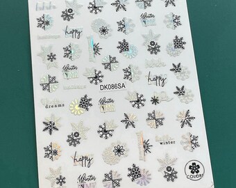 Pegatinas de uñas plateadas con copos de nieve, aurora boreal, lazo de reno negro, caja de regalo de árbol de Navidad, muñeco de nieve, acebo, adhesivo para uñas MeSeries
