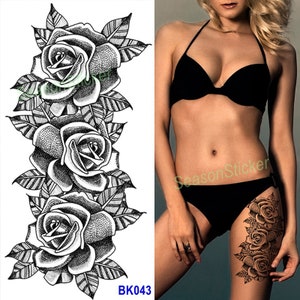 Black Sketch Rose Daisy Sunflower Flower Leaf Body Waist Arm Neck Temporary Tattoos BSK4