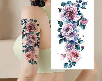 Tatuaje temporal de peonía rosa colorida, boceto floral dibujado a mano XMQB