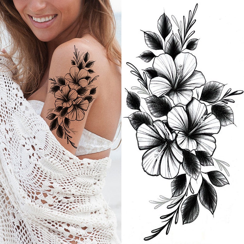 Black Peony Flower Temporary Tattoos Crescent Moon Periwinkle Daisy Sunflower Hand Drawn Sketch Flower Leaf Body Waist Arm Leg Tattoos BSK4 BK068