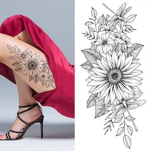 Black Peony Flower Temporary Tattoos Crescent Moon Periwinkle Daisy Sunflower Hand Drawn Sketch Flower Leaf Body Waist Arm Leg Tattoos BSK4 BK071
