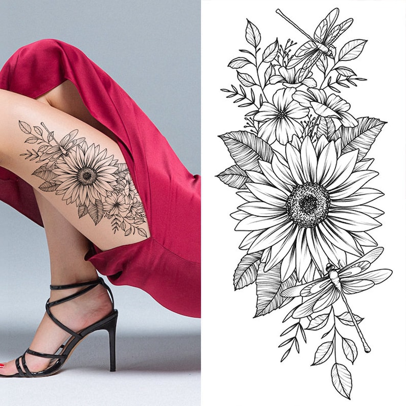 Black Peony Flower Temporary Tattoos Crescent Moon Periwinkle Daisy Sunflower Hand Drawn Sketch Flower Leaf Body Waist Arm Leg Tattoos BSK4 BK071