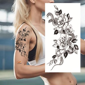 Peony Flower Snake Hand Drawing Temporary Tattoos Sketch Black Flower Snake Floral Design Body Waist Arm Temporary Tattoos FSF6
