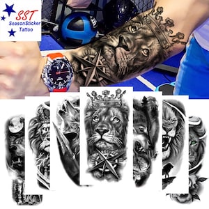Lion King Compass Wolf Skull Flower Dragon Clock Skeleton Hand Rose Tiger Totem Temporary Body Arm Art Tattoos XMQB8