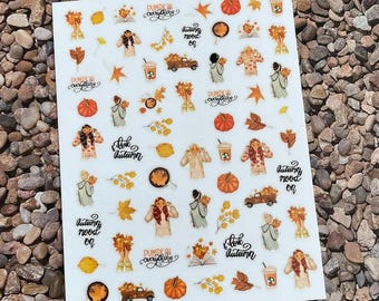 Pegatinas para uñas de otoño para chicas, diseño de hojas de otoño, hoja de roble naranja, colorida cosecha de otoño, bebida caliente, calcomanías autoadhesivas para uñas, serie WGSeries