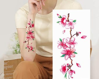 Tatuajes temporales de flores de ciruelo rosa, ramas de flores coloridas, hojas, bocetos dibujados a mano, arte corporal, cintura, brazo, cuello, piernas, TSBX