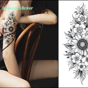 Peony Daisy Flower Tattoo Floral Rose Black Sketch Sunflower