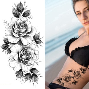 Black Peony Flower Temporary Tattoos Crescent Moon Periwinkle Daisy Sunflower Hand Drawn Sketch Flower Leaf Body Waist Arm Leg Tattoos BSK4 BK064