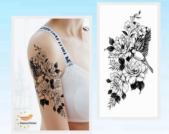 Hummingbird Flower Peony Body Tattoos Hand Drawn Black Sketch Peony Flowers Birds Waist Arm Leg Temporary Tattoos BSK4