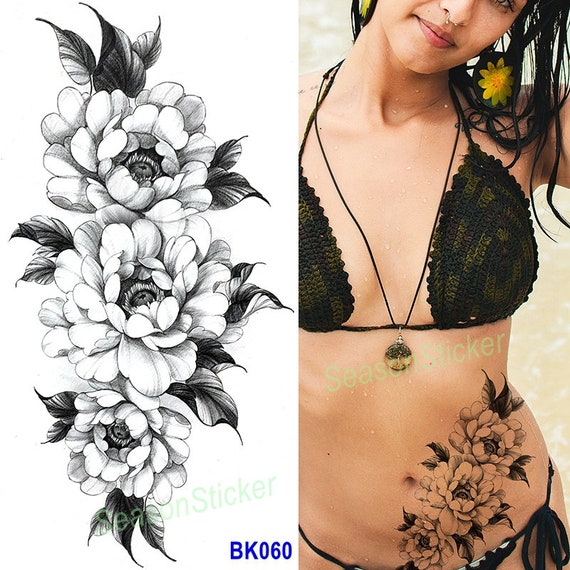 Black Sketch Snake Roses Crescent Moon Flower Butterfly Daisy Sunflower  Leaf Body Waist Arm Neck Temporary Art Tattoos Bkseries 