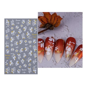 Gold White Flowers Daisy Butterfly Nail Sticker Gold Frame Leaf Branch Floral Design Self Adhesive Nail Art Decals GSeries