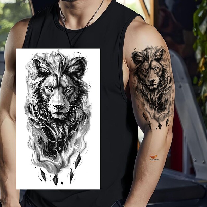 Black Lion Temporary Tattoo Hand Drawn Large Cat Felidae Animals XMQB8 ...
