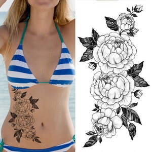 Black Peony Flower Temporary Tattoos Crescent Moon Periwinkle Daisy Sunflower Hand Drawn Sketch Flower Leaf Body Waist Arm Leg Tattoos BSK4 BK053