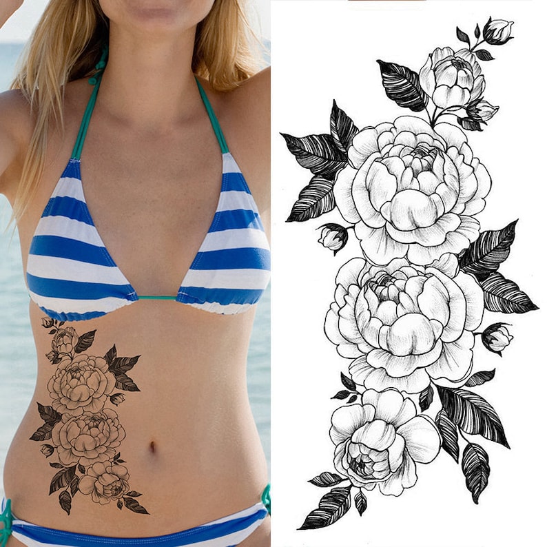 Black Peony Flower Temporary Tattoos Crescent Moon Periwinkle Daisy Sunflower Hand Drawn Sketch Flower Leaf Body Waist Arm Leg Tattoos BSK4 BK053